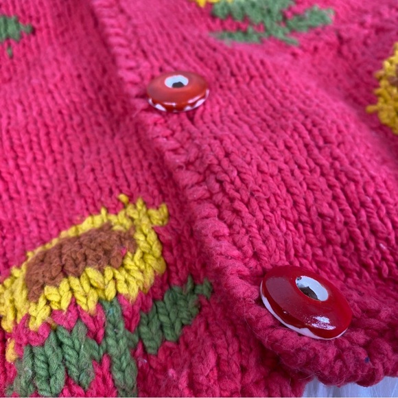 Vintage Amano Cotton Pink Sunflower Cardigan Hand Knit Sweater Women’s One Size - Picture 4 of 10